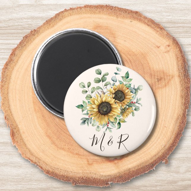 Imã Monograma Aquarela Vintage Girassol Russo (Close up on wood)