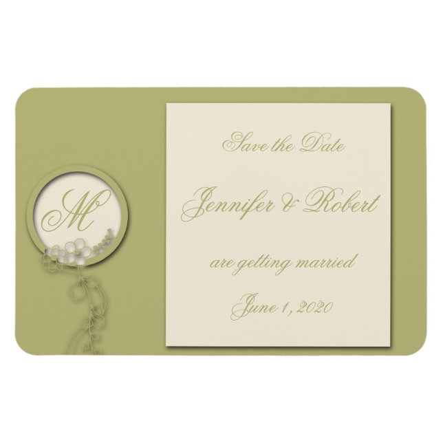 Ímã Monograma circular verde e Creme Salvar data (Horizontal)