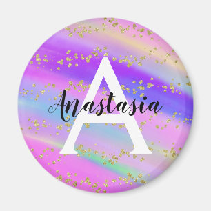 Imã Monograma Colorido de Glitter Dourado Unicórnio R