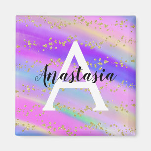 Imã Monograma Colorido de Glitter Dourado Unicórnio R