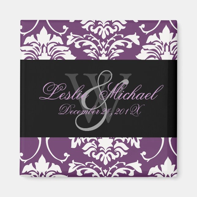 Imã Monograma de Ameixa Damask Casamento, Ímãs (Frente)