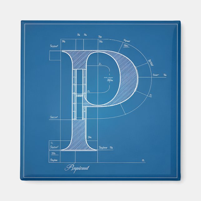 Imã Monograma de Letra P em Blueprint (Frente)