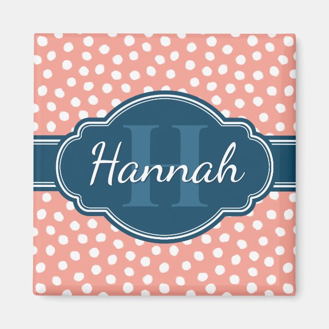 Imã Monograma de Marinho de Padrão Branco Cor-de-Rosa (Frente)