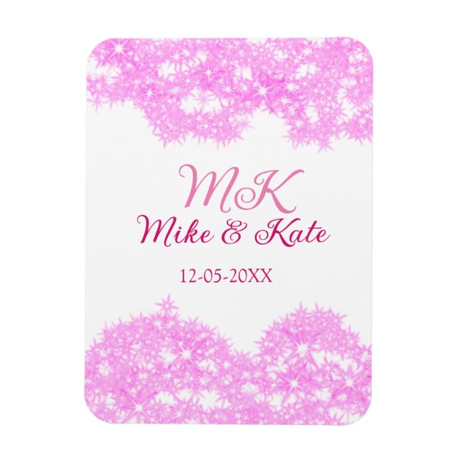 Ímã Monograma de nome data casal rosa brilho glitter (Vertical)