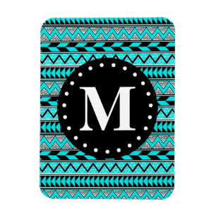 Ímã Monograma de Padrão de Chevron Tribal Azul Aqua