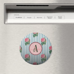 Imã Monograma de Padrão de Rosas Rosa Rosa com Stripe