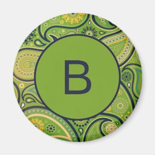 Imã Monograma de Padrão Paisley Verde Ornamentado