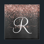Imã Monograma do Sparkle preto com brilho Dourado com<br><div class="desc">Personalize facilmente este elegante design de ímã tenda com brilho bonito de ouro rosa em um fundo metálico escovado preto.</div>