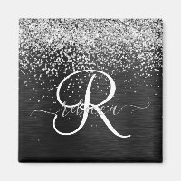 Monograma do Sparkle Preto com Glitter de Prata Pe