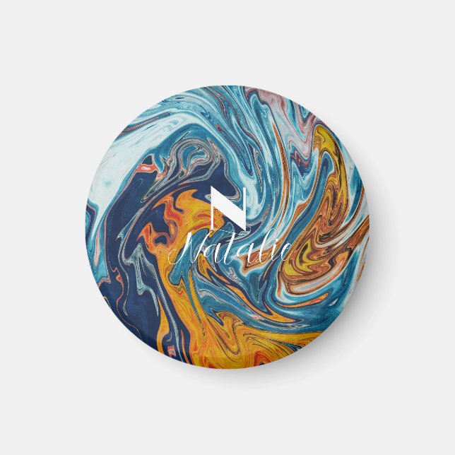 Imã Monograma Dourado Azul Elegante (Frente)