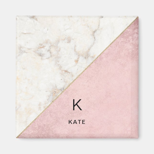 Imã Monograma Elegante Marble Minimalista Rosa Dourado (Frente)