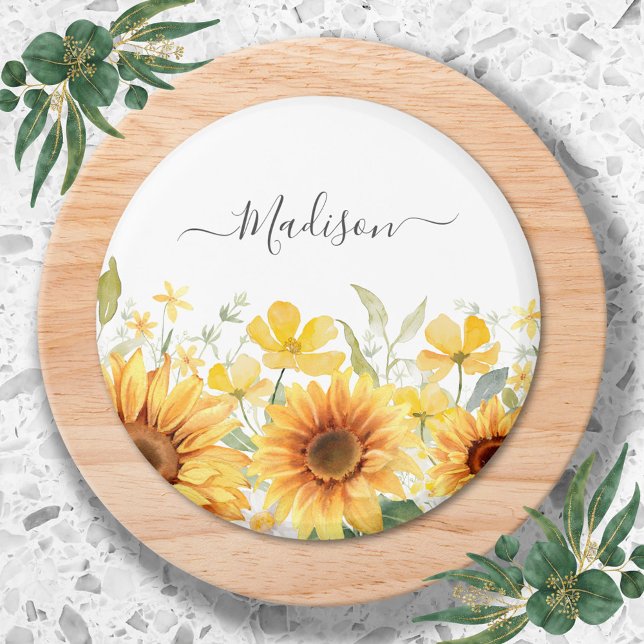 Imã Monograma Flor Amarelo Girassol Floral Botânica (Close up)