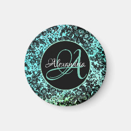 Imã Monograma Floral Azul-Turquesa-na moda