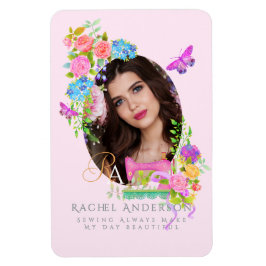 Ímã Monograma Floral de Fita de Costura Cor-de-Rosa