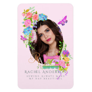 Ímã Monograma Floral de Fita de Costura Cor-de-Rosa