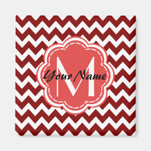 Imã Monograma Floral Vermelho Chevron, Nome Personaliz