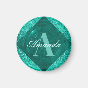 Imã Monograma Girly Glitter de Teal Moderno
