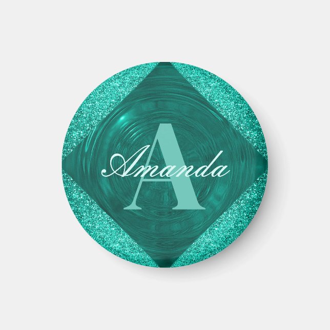 Imã Monograma Girly Glitter de Teal Moderno (Frente)