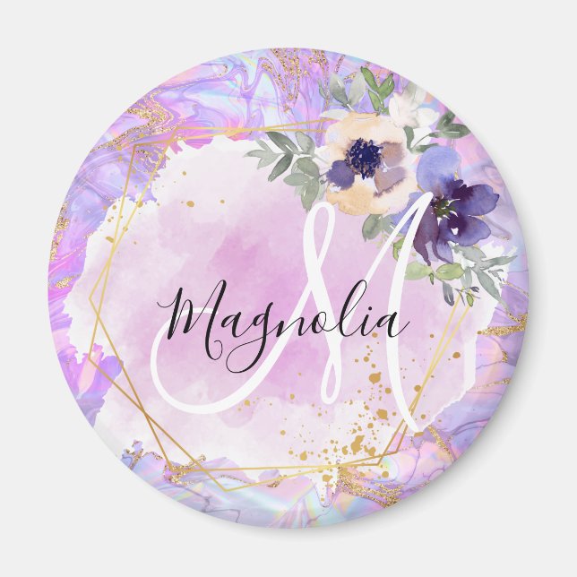 Imã Monograma Mármore Arco-Íris Roxo, Rosa e Dourado F (Frente)