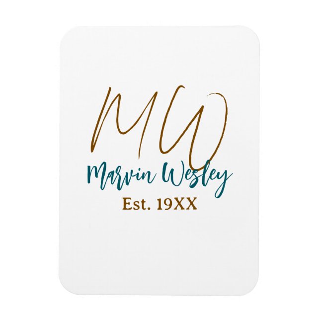 Ímã Monograma marrom azul turquesa ano est. simples mi (Vertical)