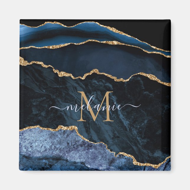 Imã Monograma Nome Agate Marinho Azul Gemstone Marble  (Frente)