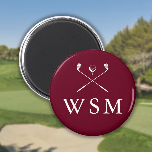 Imã Monograma Personalizado Burgundy Clusters de Golfe (Burgundy Personalized Monogram Golf Clubs Magnet)