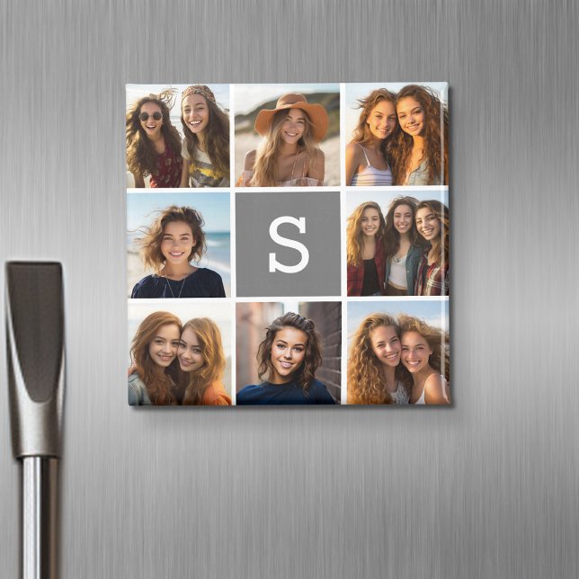 Imã Monograma Personalizado de Colagem de Fotografias  (Personalized fridge magnet with photos and custom text)