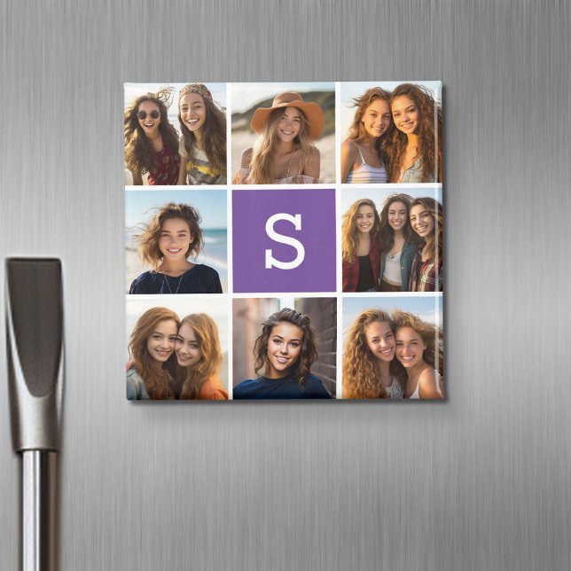 Imã Monograma Personalizado de Colagem de Fotos Branca (Personalized fridge magnet with photos and custom text)
