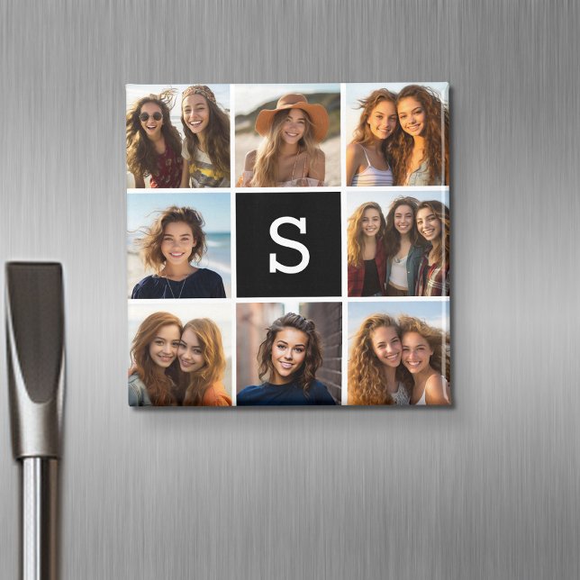 Imã Monograma Personalizado de Colagem de Fotos em Pre (Personalized fridge magnet with photos and custom text)