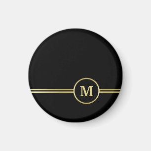 Imã Monograma personalizado de ouro elegante a preto