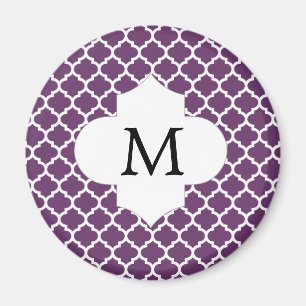 Imã Monograma Personalizado Quatrefoil Roxo e Branco
