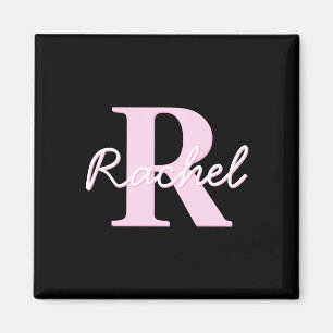 Imã Monograma Personalizável Fofo Rosa Claro e Preto