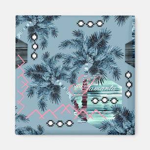 Imã Monograma preto azul-Havaiano Palm personalizado