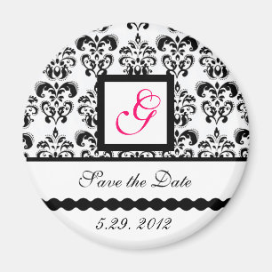 Imã MONOGRAMA QUADRADO BRANCO NEGRO DAMASK Salvar data