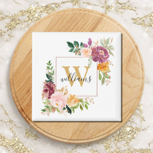 Imã Monograma Rosa Floral Botânica Elegante em Aquarel