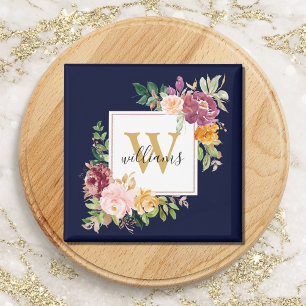 Imã Monograma Rosa Floral Botânica Elegante em Aquarel