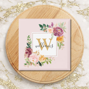 Imã Monograma Rosa Floral Botânica Elegante em Aquarel