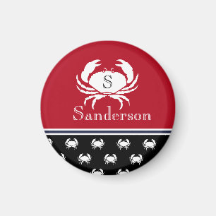 Imã Monogrammed Red White Black Crab Nautical   Magnet