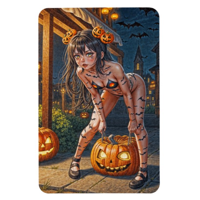 Ímã Monstro do Halloween Jack-o-Lantern & Garota Vixen (Vertical)