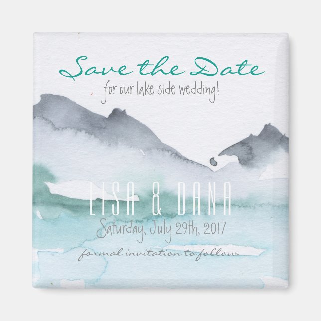 Imã Montanha Lake Weding Date Square Magnet (Frente)