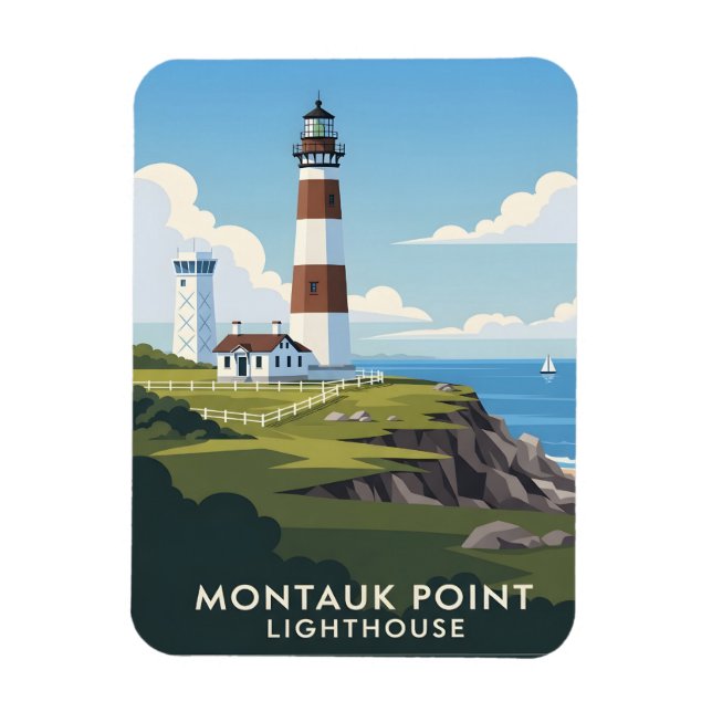 Ímã Montauk Point Lighthouse, Coastal Cliff & Sailboat (Vertical)