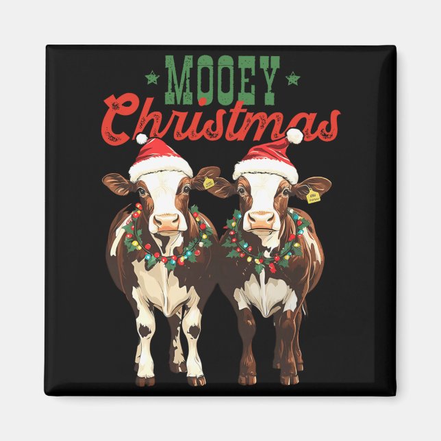 Imã Mooey Christmas Cow With Santa Hats Xmas Lights Me (Frente)