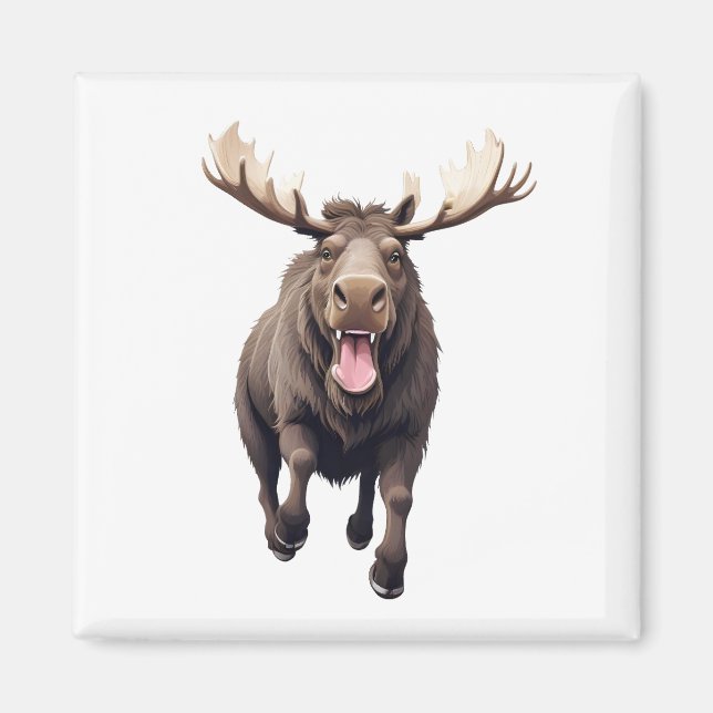 Imã Moose Feliz Brincadeira Saltando Na Floresta Aérea (Frente)