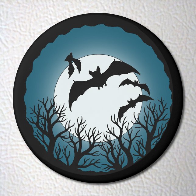 Imã Morcegos e Árvores Contra a Lua (Bats and Trees Against the Moon Magnet on White Fridge)