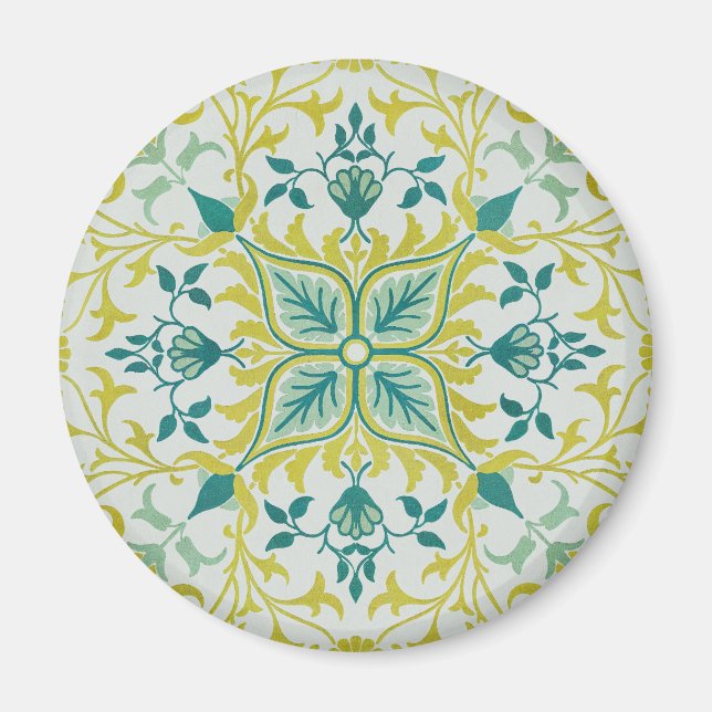 Imã Morris Amarelo Turquesa Padrão de Videira e Flor (Frente)