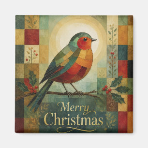 Imã Mosaico de Natal Robin Pássaro Folha de Azevinho 
