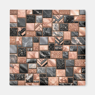 Imã Mosaico Mármore Preto Dourado Rosa