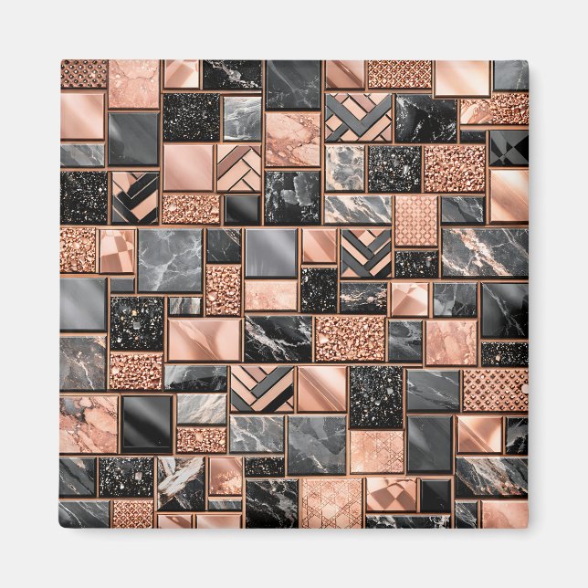 Imã Mosaico Mármore Preto Dourado Rosa (Frente)