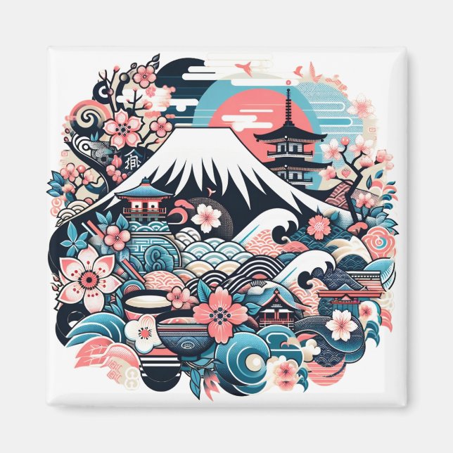 Imã Mount Fuji & Sakura - Traditional Japanese Magnet (Frente)