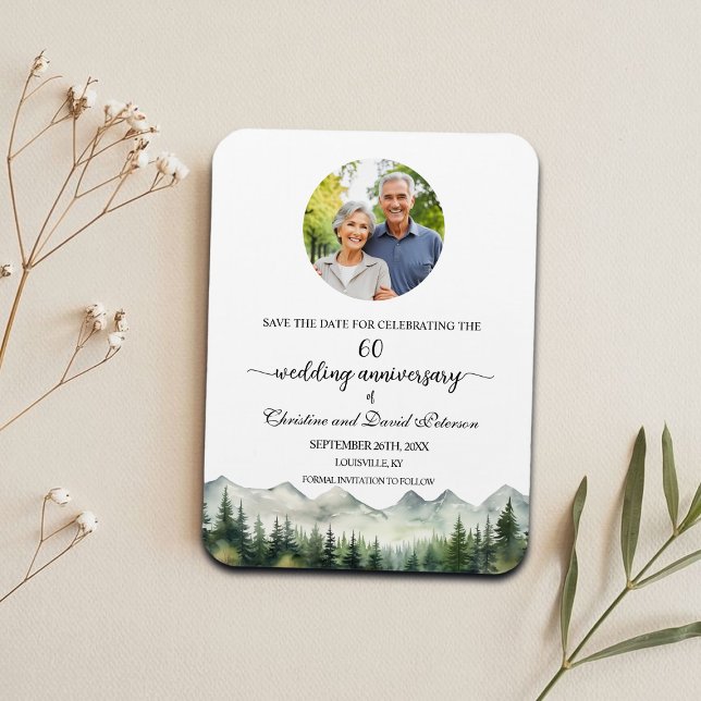 Ímã Mountain Pine 60 Wedding Anniversary Save the Date (Criador carregado)